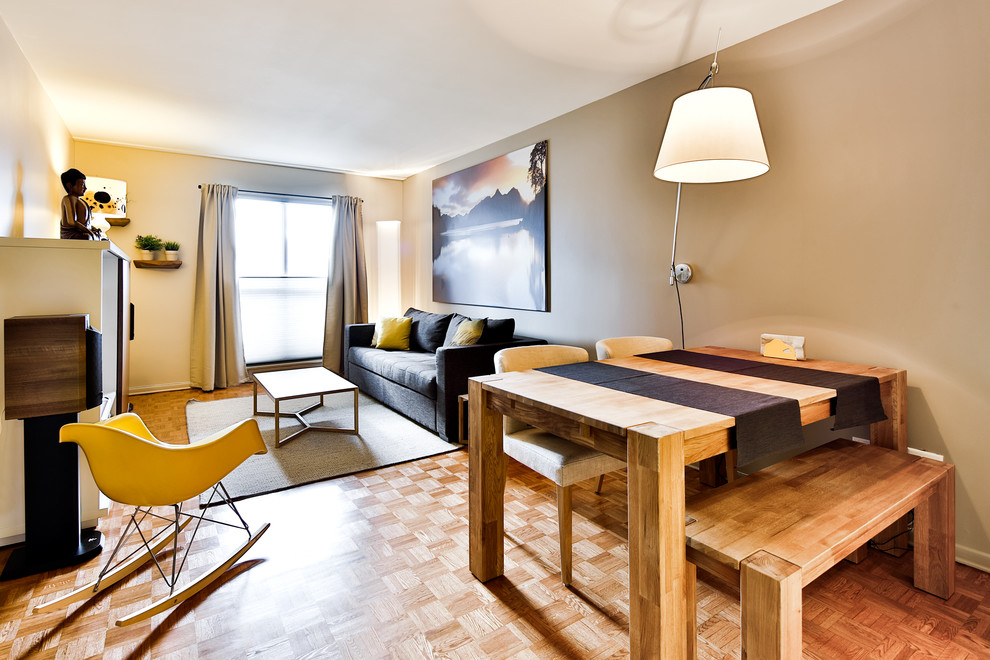 Inspiration for a small contemporary great room remodel in Montreal with beige walls