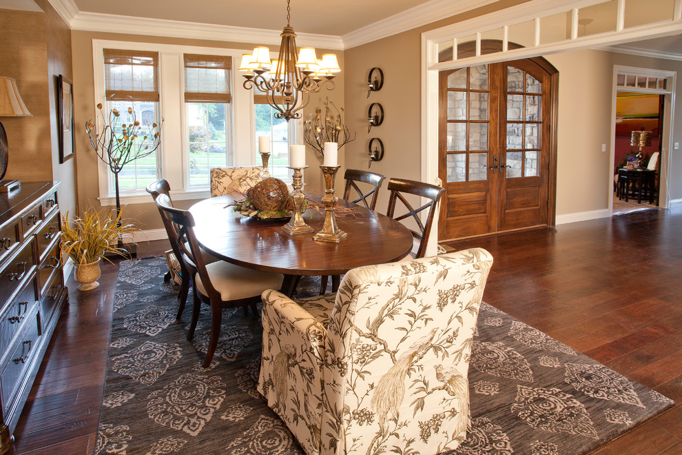 This is an example of a medium sized classic dining room in Cincinnati with beige walls and dark hardwood flooring.