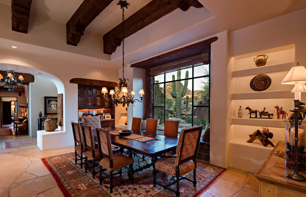 Southwest beige floor dining room photo in Phoenix with white walls