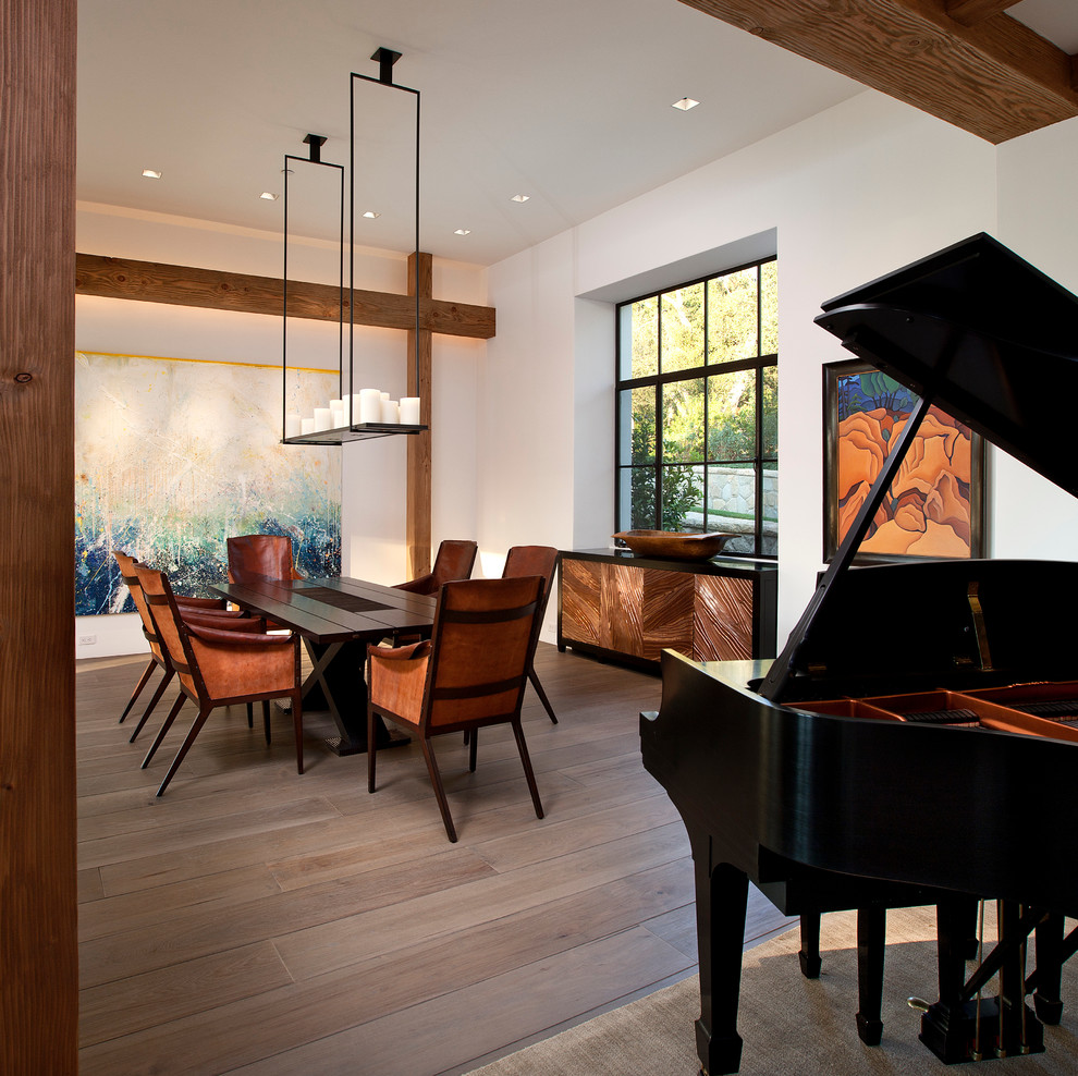 Inspiration for a contemporary dark wood floor dining room remodel in Santa Barbara with white walls
