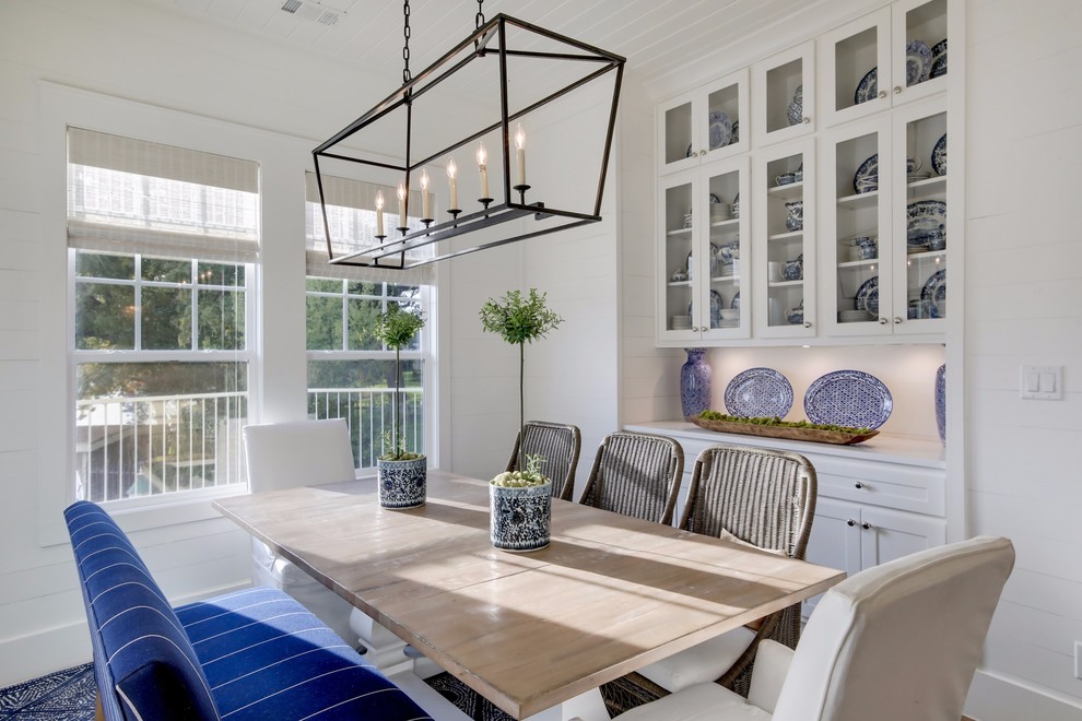 Beach style dining room photo in Austin with white walls