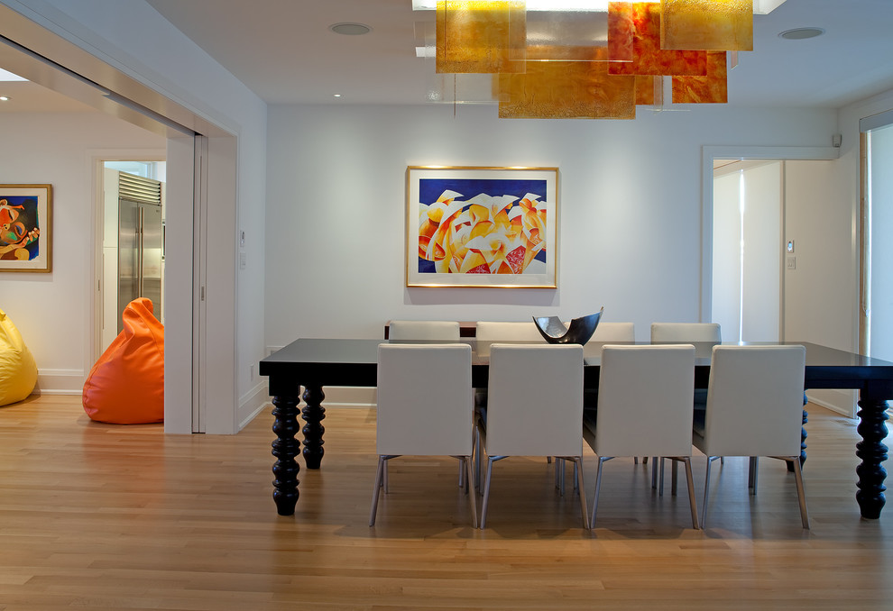 Diseño de comedor moderno con paredes blancas y suelo de madera en tonos medios