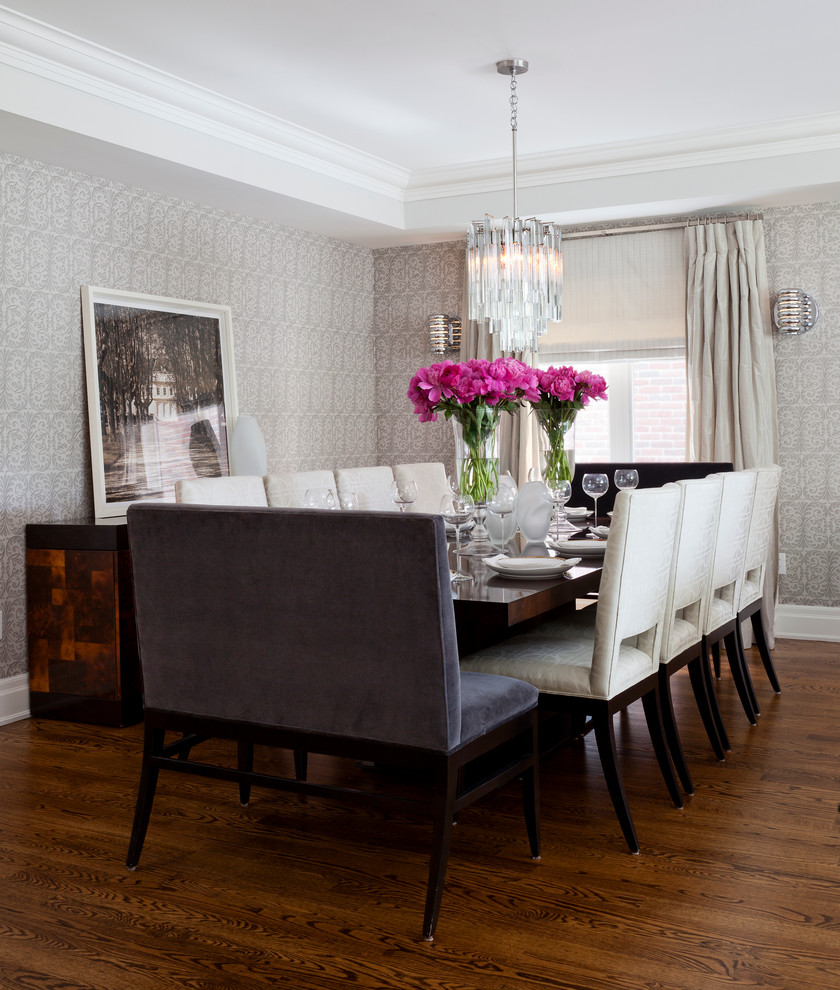 Transitional dark wood floor dining room photo in Toronto with gray walls