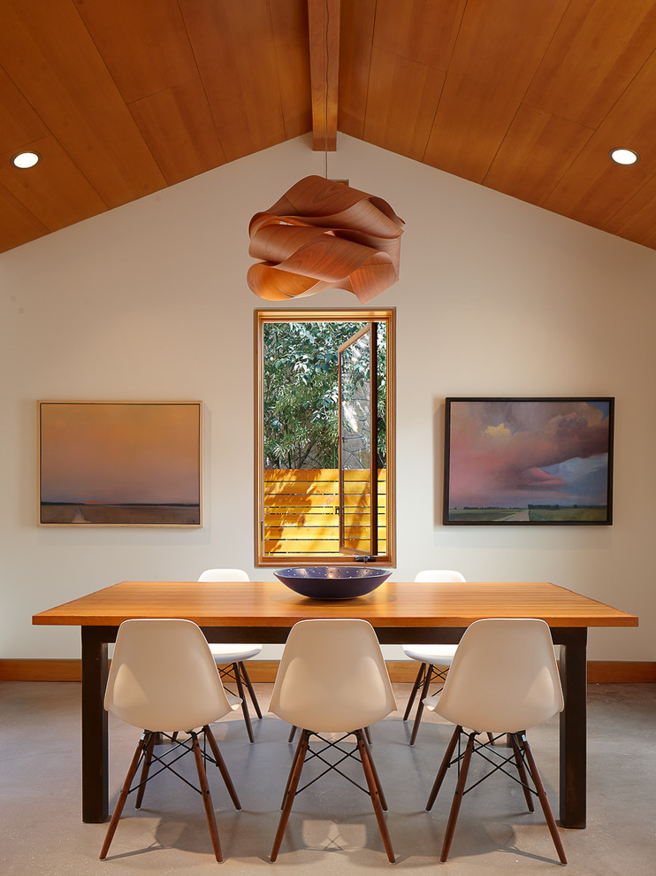 Small 1960s concrete floor enclosed dining room photo in Austin with beige walls