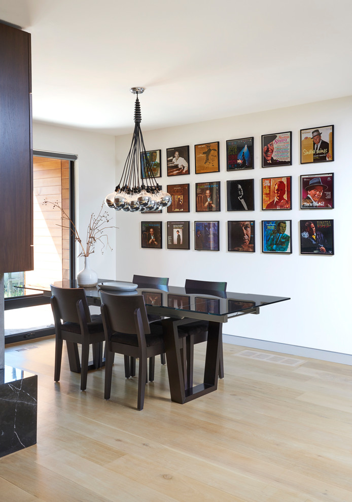 Photo of a medium sized contemporary dining room in Toronto with white walls, light hardwood flooring, a two-sided fireplace and a concrete fireplace surround.