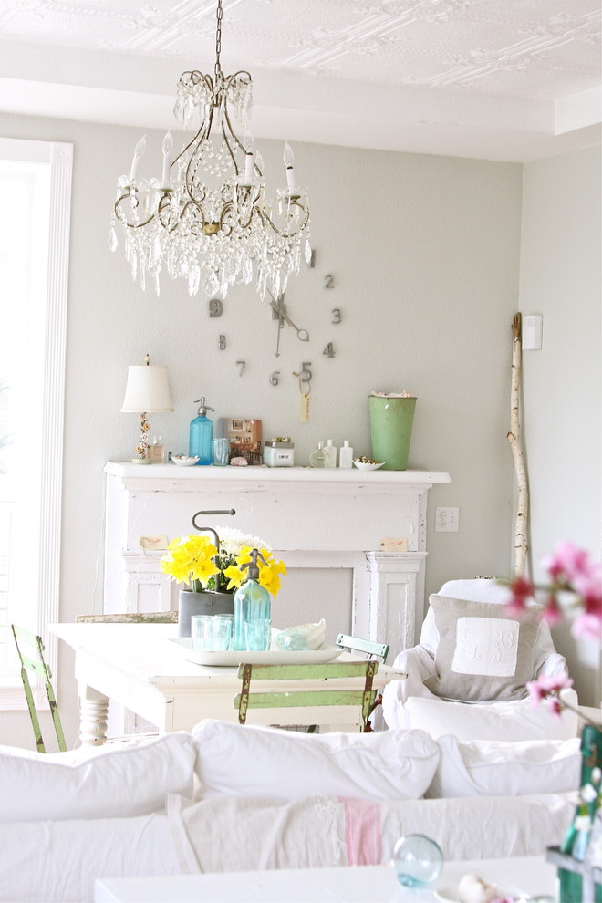 Cottage chic dining room photo in Other with gray walls