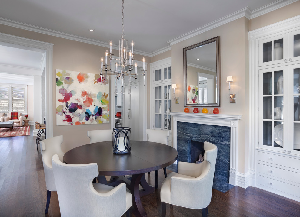 Inspiration for a transitional dark wood floor dining room remodel in Chicago with beige walls