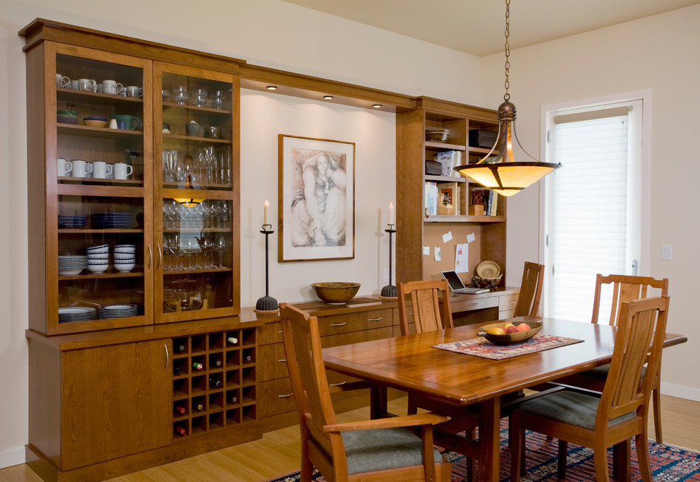 Dining room - traditional medium tone wood floor dining room idea in Portland with white walls