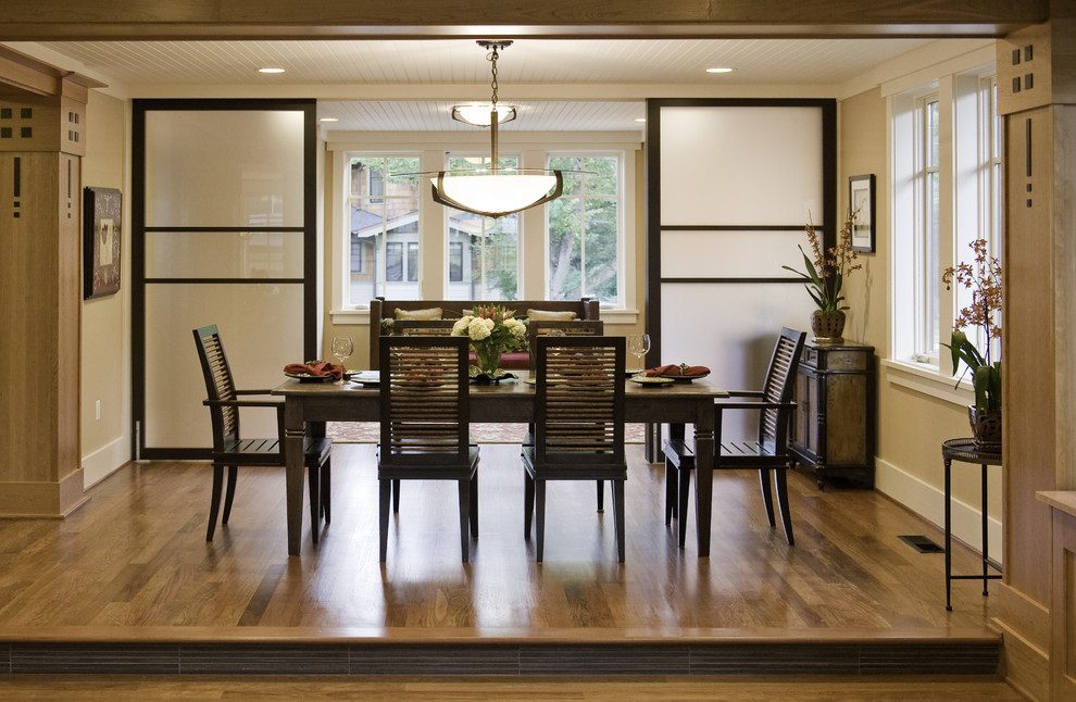 Inspiration for a contemporary dining room in Seattle with beige walls and dark hardwood flooring.