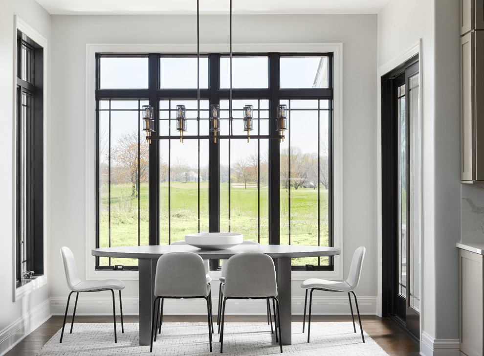 Design ideas for a classic dining room in Chicago with grey walls, dark hardwood flooring and no fireplace.