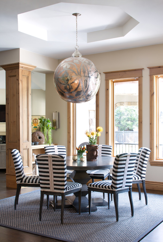 Inspiration for a classic dining room in Denver with yellow walls, dark hardwood flooring and no fireplace.