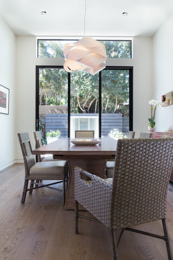 Inspiration for a contemporary dining room in San Francisco with white walls, medium hardwood flooring and no fireplace.