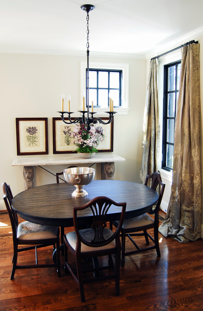 Cottage dark wood floor dining room photo in Other with white walls