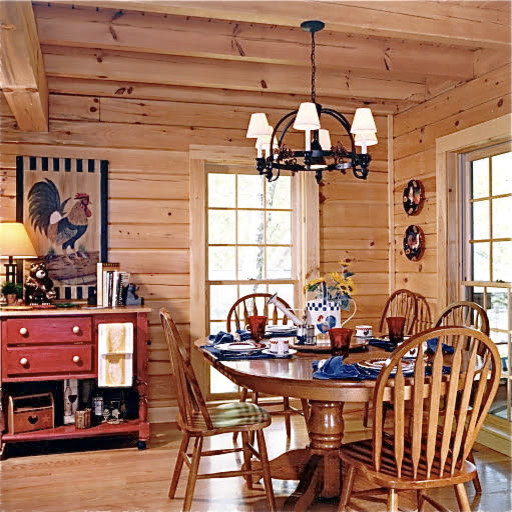 Cette image montre une salle à manger chalet avec un mur marron et parquet clair.