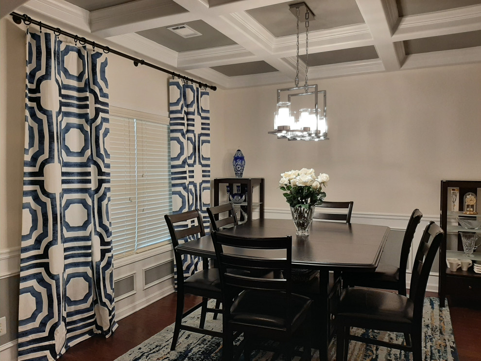 Example of a mid-sized minimalist dark wood floor, brown floor, coffered ceiling and wall paneling kitchen/dining room combo design in Atlanta with white walls and no fireplace