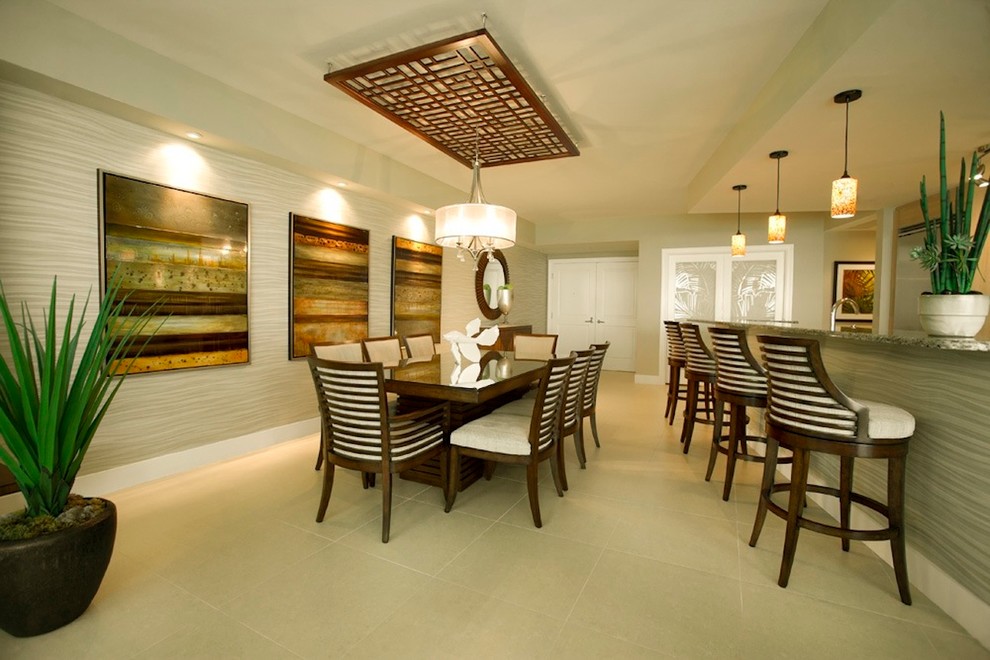 Ispirazione per una sala da pranzo aperta verso la cucina contemporanea di medie dimensioni con pavimento in gres porcellanato