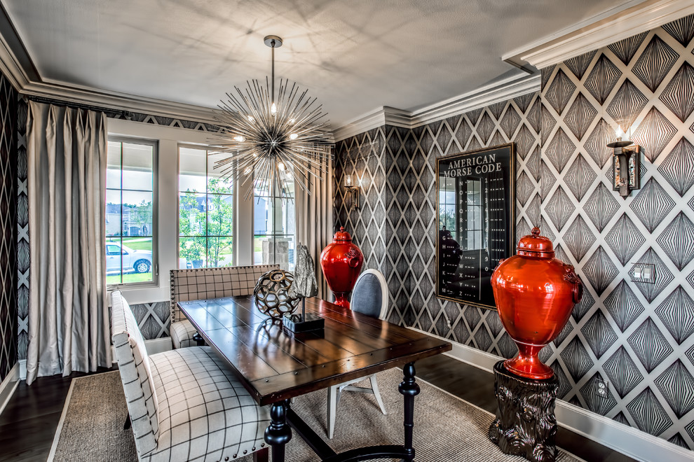 Inspiration for a transitional dark wood floor dining room remodel in Kansas City with multicolored walls and no fireplace