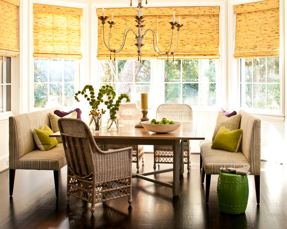 Large transitional dark wood floor dining room photo in Jacksonville with beige walls