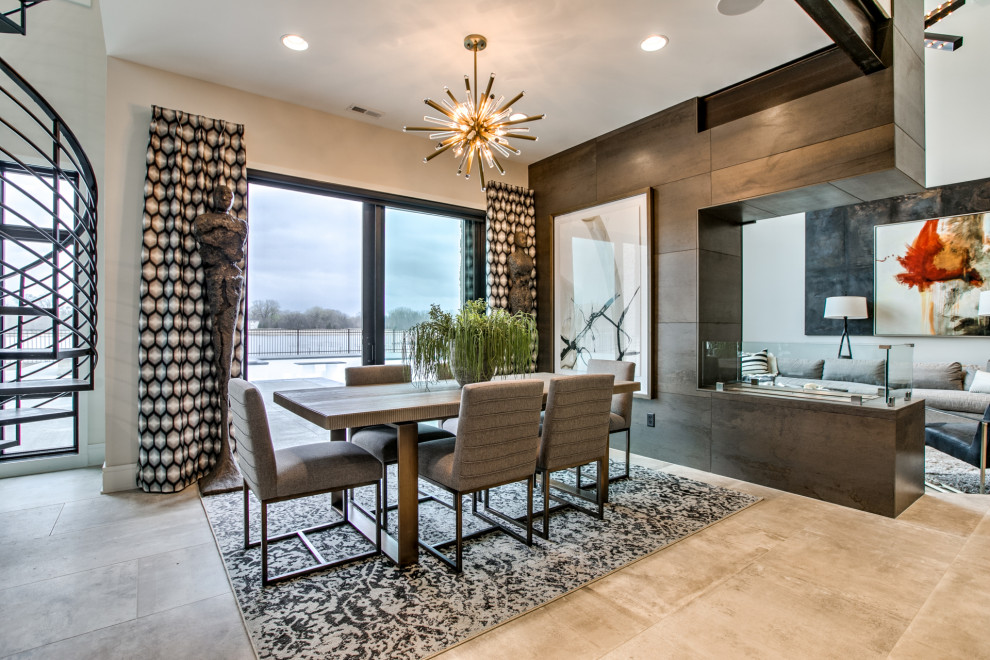 Esempio di una sala da pranzo aperta verso il soggiorno contemporanea con pareti beige e pavimento grigio
