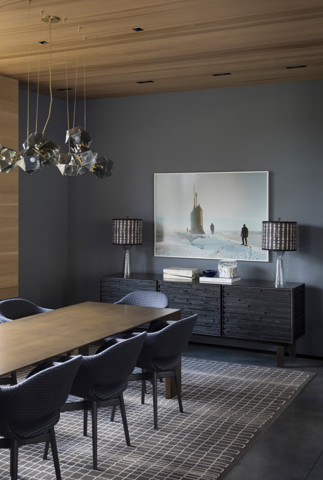 Cette image montre une salle à manger ouverte sur le salon chalet en bois de taille moyenne avec un mur gris, sol en béton ciré et un sol gris.