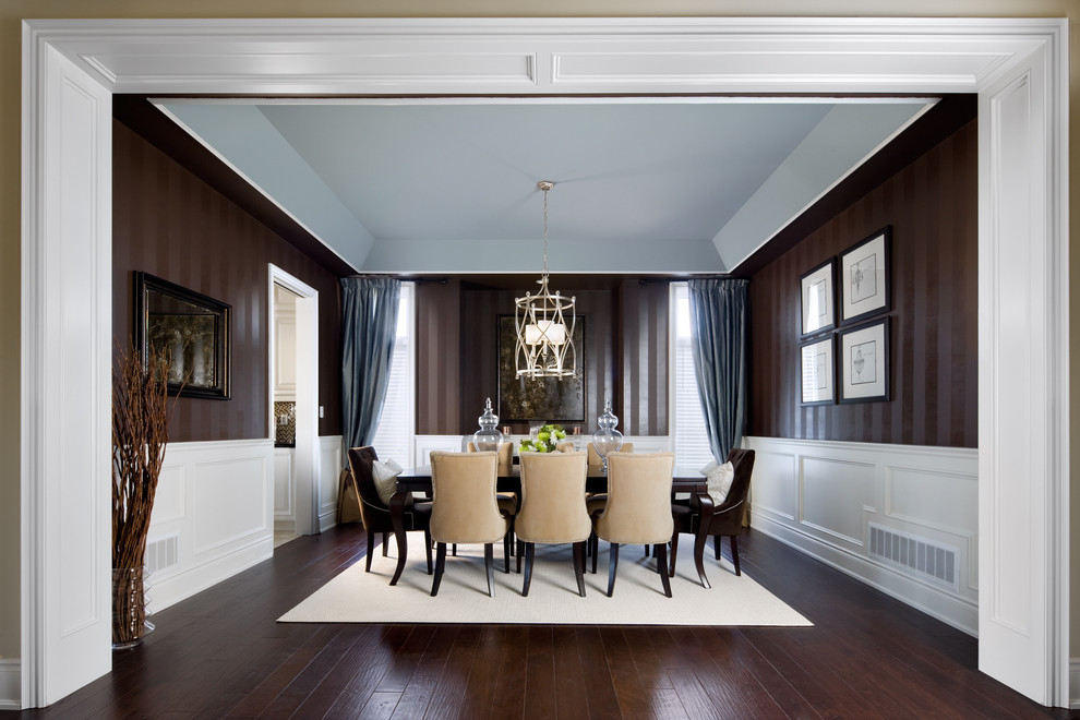 Elegant dark wood floor dining room photo in Toronto with brown walls