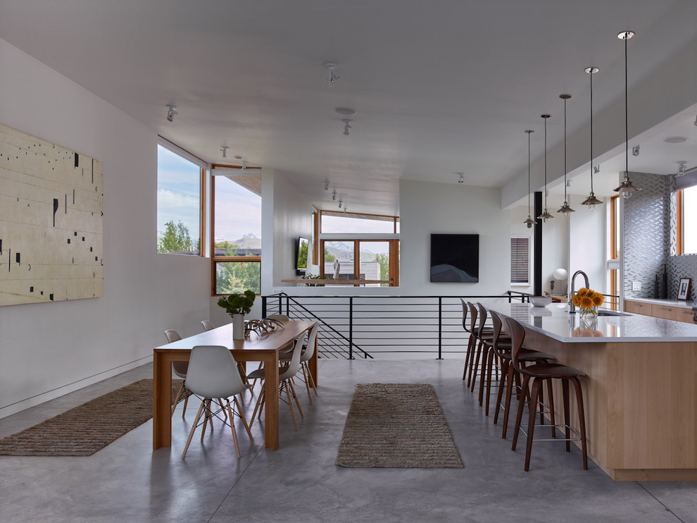 На фото: большая кухня-столовая в современном стиле с белыми стенами, бетонным полом и серым полом с