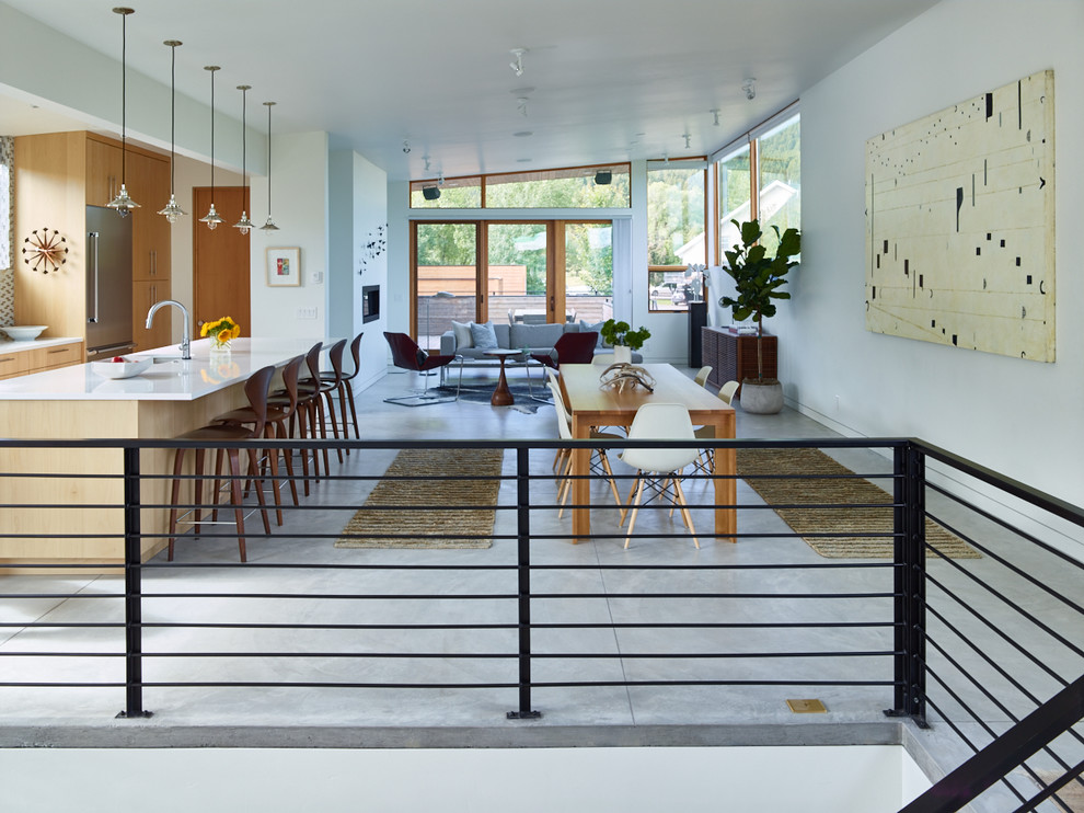 Идея дизайна: большая кухня-столовая в современном стиле с белыми стенами, бетонным полом, серым полом, горизонтальным камином и фасадом камина из штукатурки