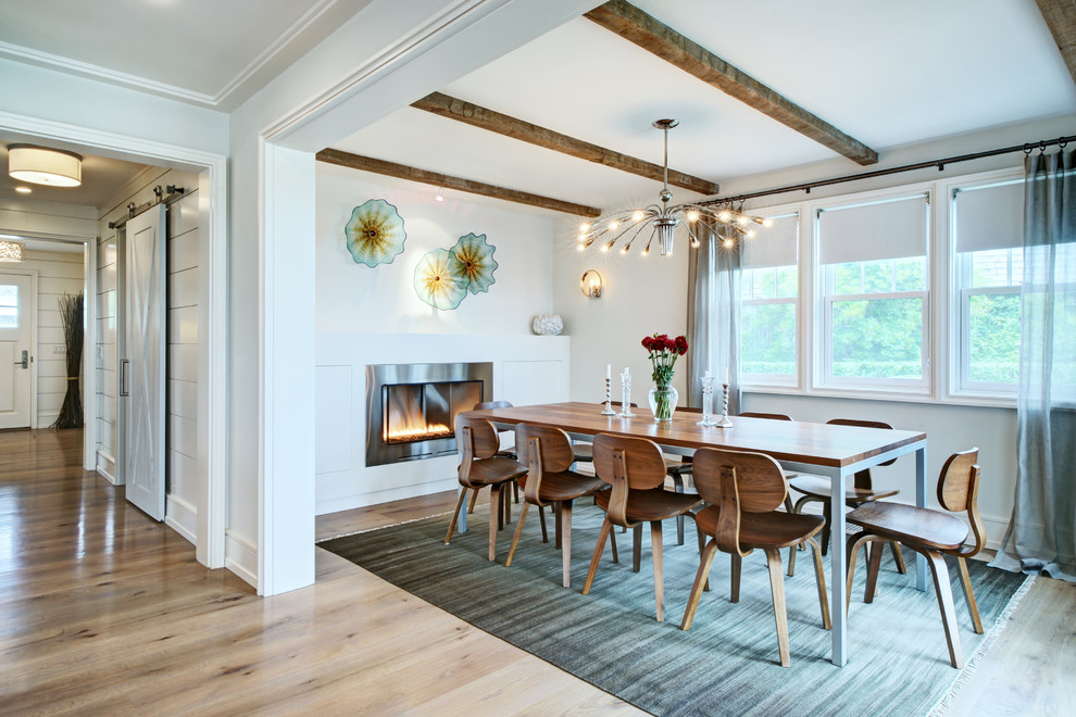 Contemporary dining room in Other with white walls, light hardwood flooring, a standard fireplace, a metal fireplace surround and feature lighting.