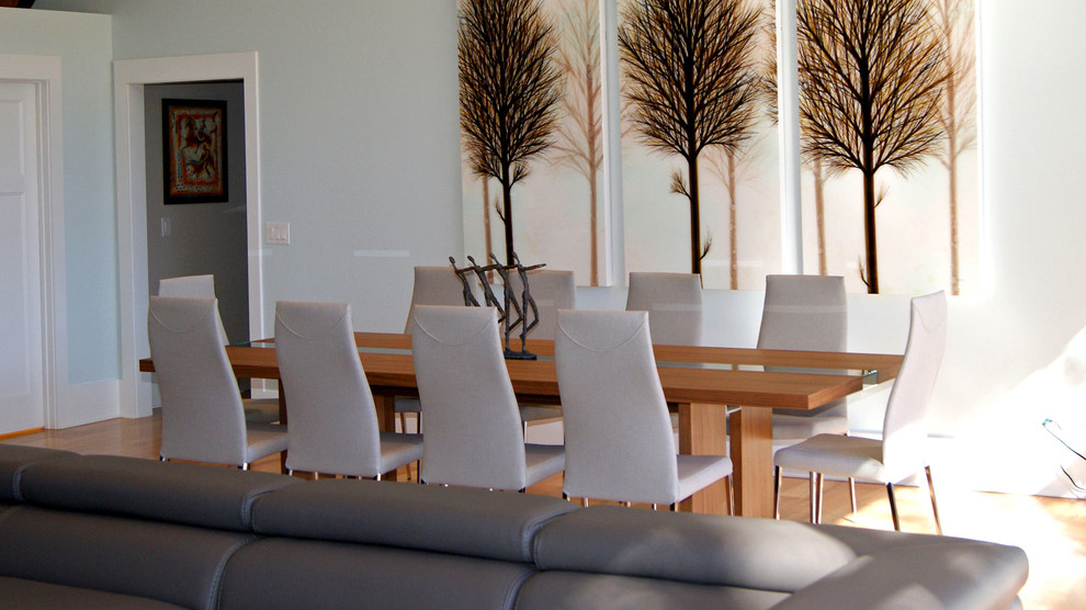 Diseño de comedor moderno grande abierto con paredes azules y suelo de madera clara
