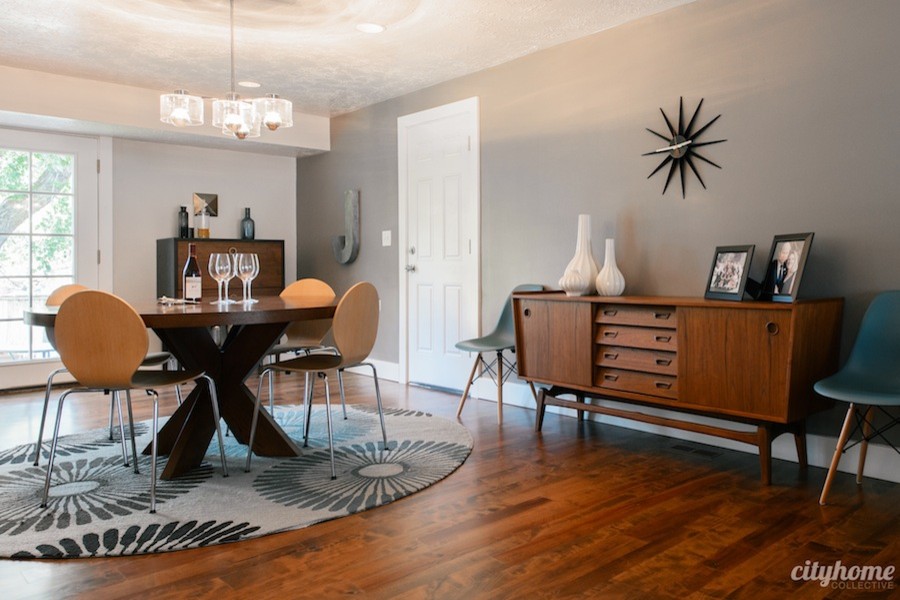 Photo of a medium sized midcentury kitchen/dining room in Salt Lake City with grey walls and medium hardwood flooring.