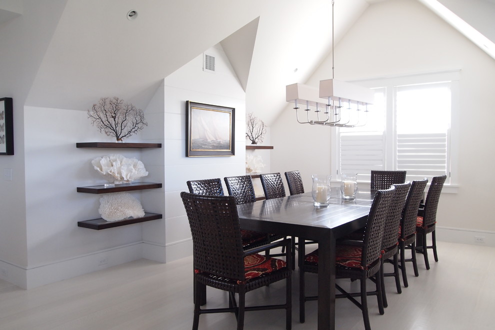 Inspiration for a large coastal light wood floor and beige floor enclosed dining room remodel in Boston with white walls and no fireplace