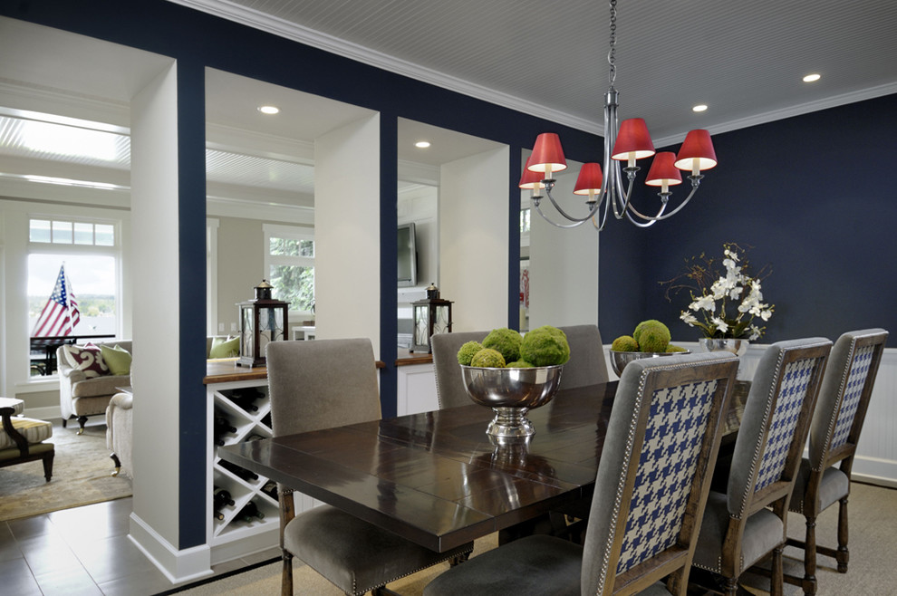 Свежая идея для дизайна: отдельная столовая в современном стиле с синими стенами - отличное фото интерьера