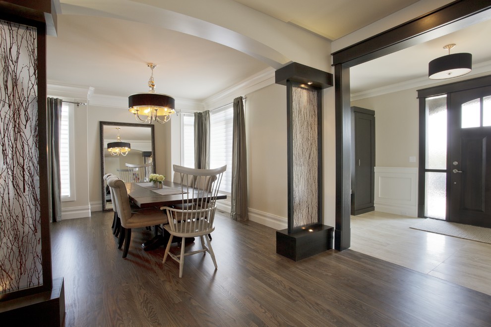 Photo of a classic dining room in Calgary with beige walls and dark hardwood flooring.