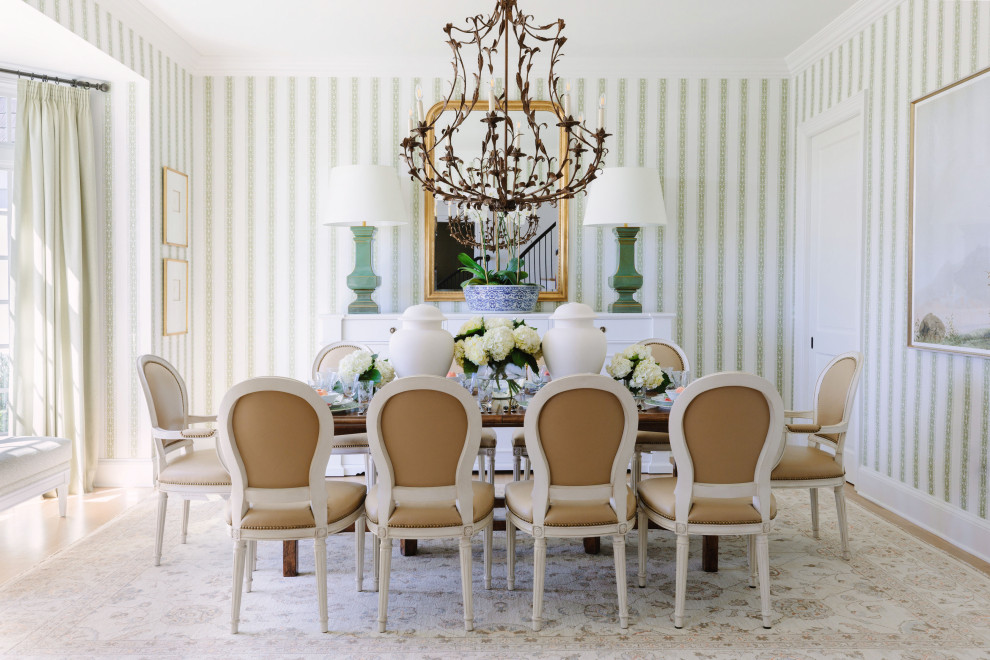 Dining room - traditional medium tone wood floor, brown floor and wallpaper dining room idea in Kansas City with green walls