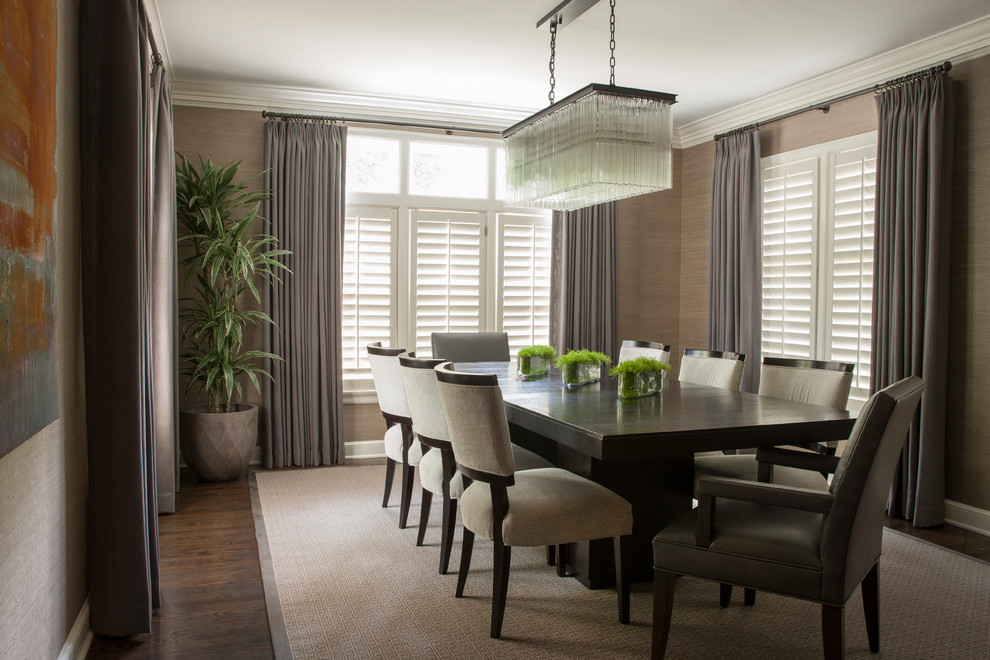 Design ideas for a classic dining room in Kansas City with beige walls, medium hardwood flooring and brown floors.