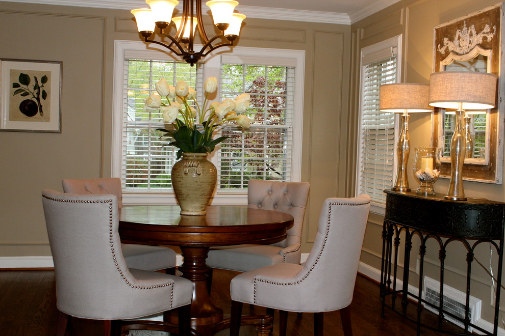 Example of a mid-sized classic dark wood floor enclosed dining room design in Kansas City with beige walls