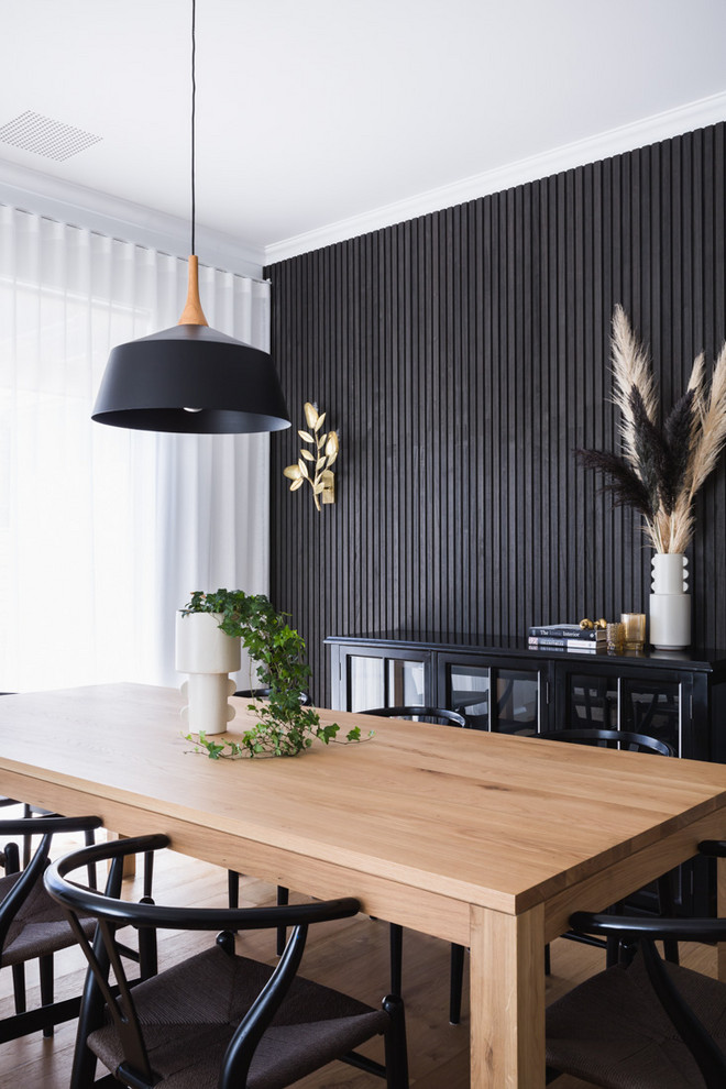 Photo of a contemporary dining room in Perth with black walls, no fireplace and panelled walls.