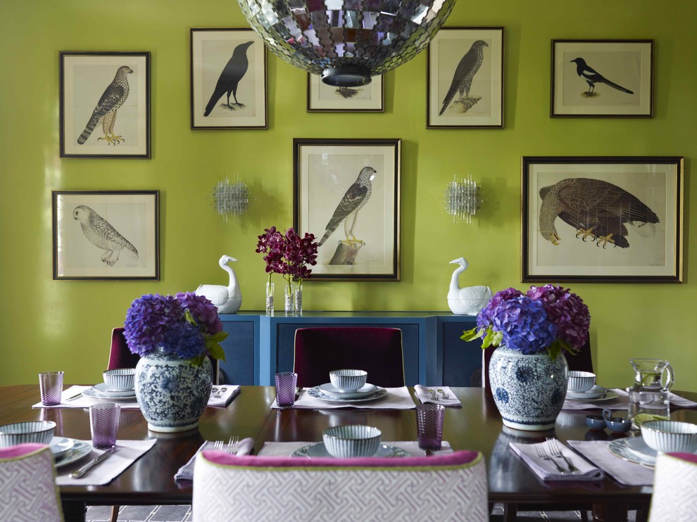 Dining room - contemporary dining room idea in New York with green walls