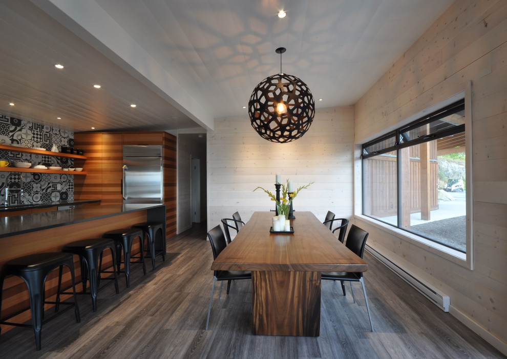 Inspiration for a mid-sized contemporary vinyl floor kitchen/dining room combo remodel in Vancouver with white walls