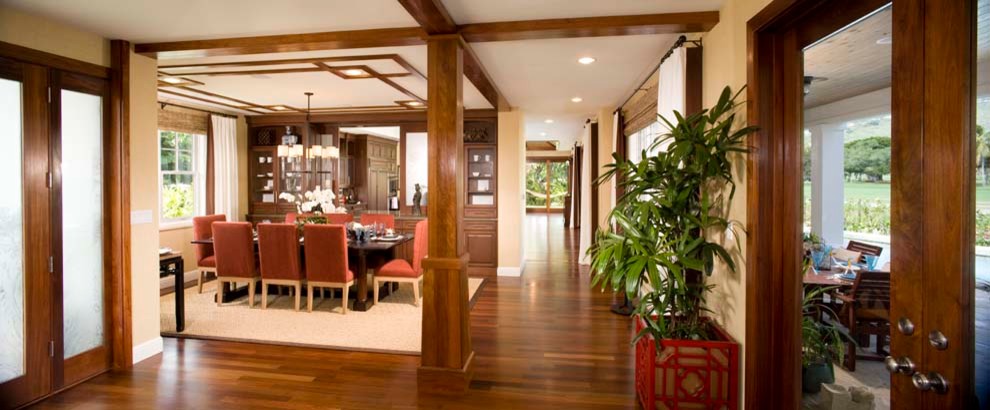Inspiration for a modern dining room in Hawaii with beige walls and medium hardwood flooring.