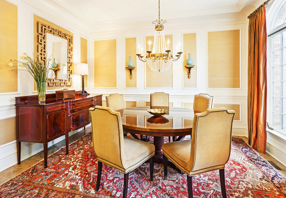 Design ideas for a traditional dining room in Other with yellow walls and feature lighting.