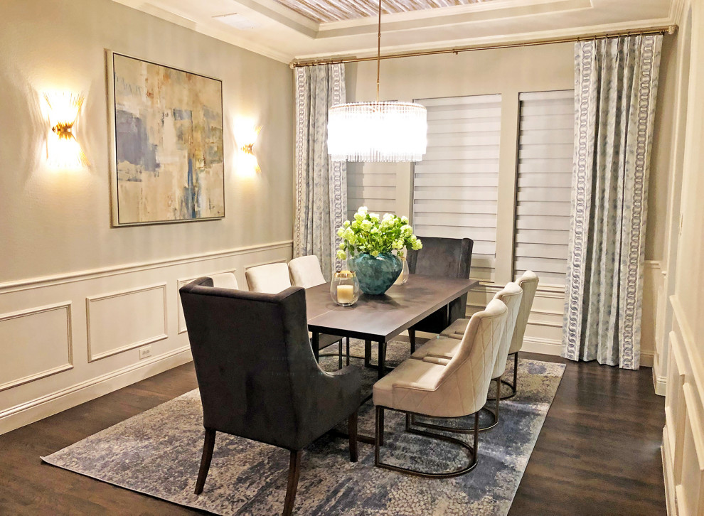 Example of a mid-sized transitional dark wood floor, brown floor, wallpaper ceiling and wainscoting dining room design in Dallas with beige walls