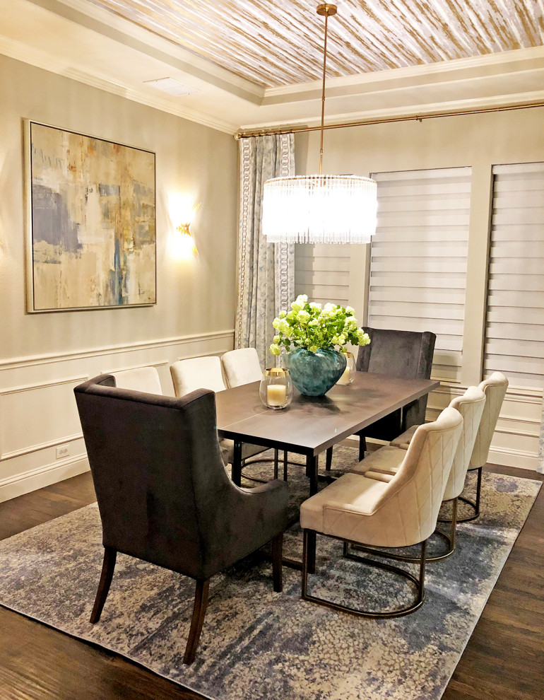 This is an example of a medium sized classic dining room in Dallas with beige walls, dark hardwood flooring, brown floors, a wallpapered ceiling and wainscoting.