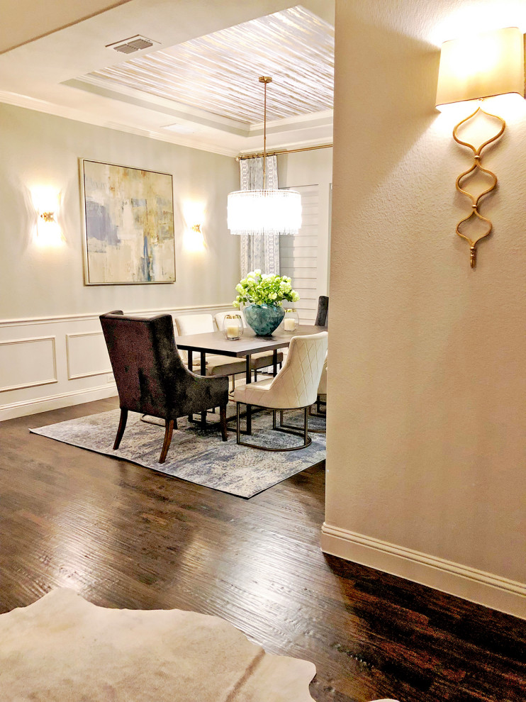 Inspiration for a mid-sized transitional dark wood floor, brown floor, wallpaper ceiling and wainscoting dining room remodel in Dallas with beige walls