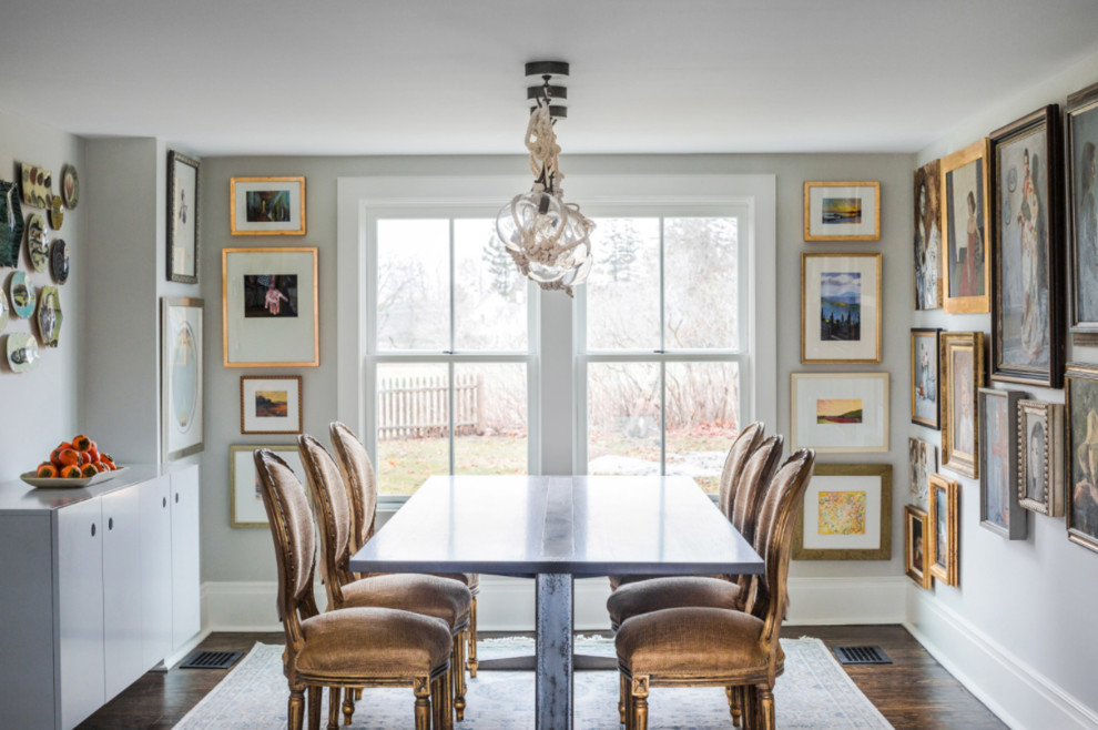 Photo of a medium sized rural enclosed dining room in Portland Maine with grey walls and dark hardwood flooring.