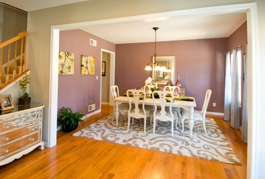 Medium sized traditional enclosed dining room in Other with purple walls and light hardwood flooring.