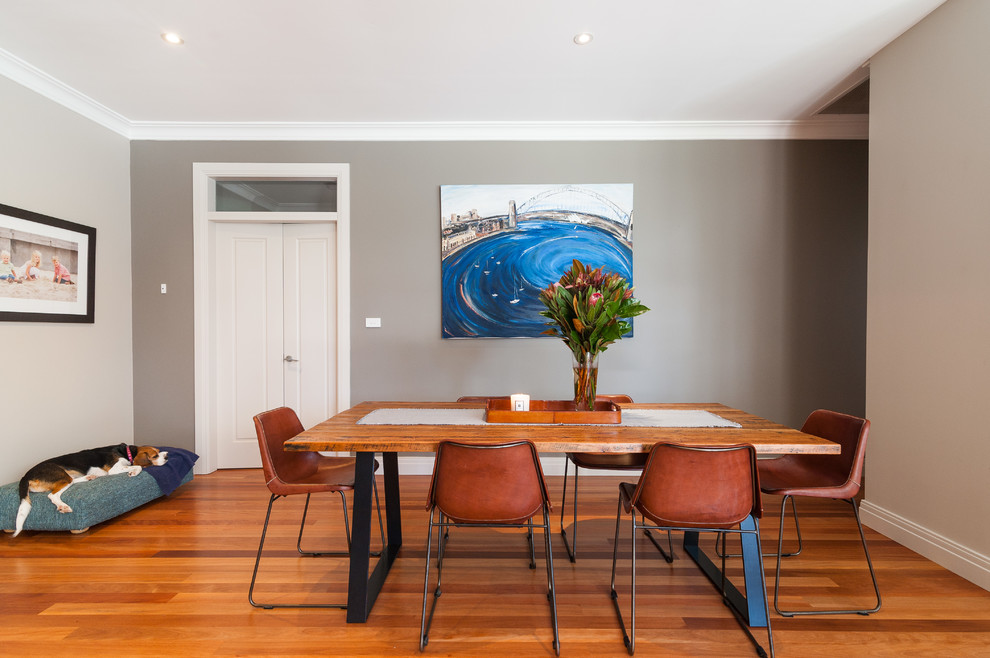 Geschlossenes Klassisches Esszimmer mit grauer Wandfarbe, braunem Holzboden und braunem Boden in Sydney