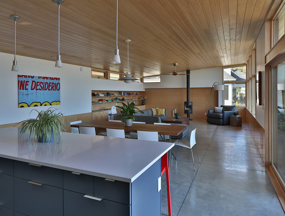 Offenes, Mittelgroßes Modernes Esszimmer mit bunten Wänden, Betonboden, Kaminofen, Kaminumrandung aus Beton und grauem Boden in Seattle