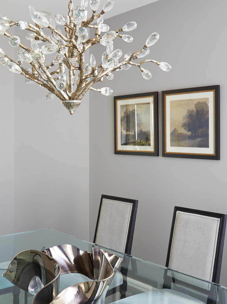 На фото: отдельная столовая среднего размера в стиле неоклассика (современная классика) с серыми стенами, полом из керамической плитки и серым полом без камина с