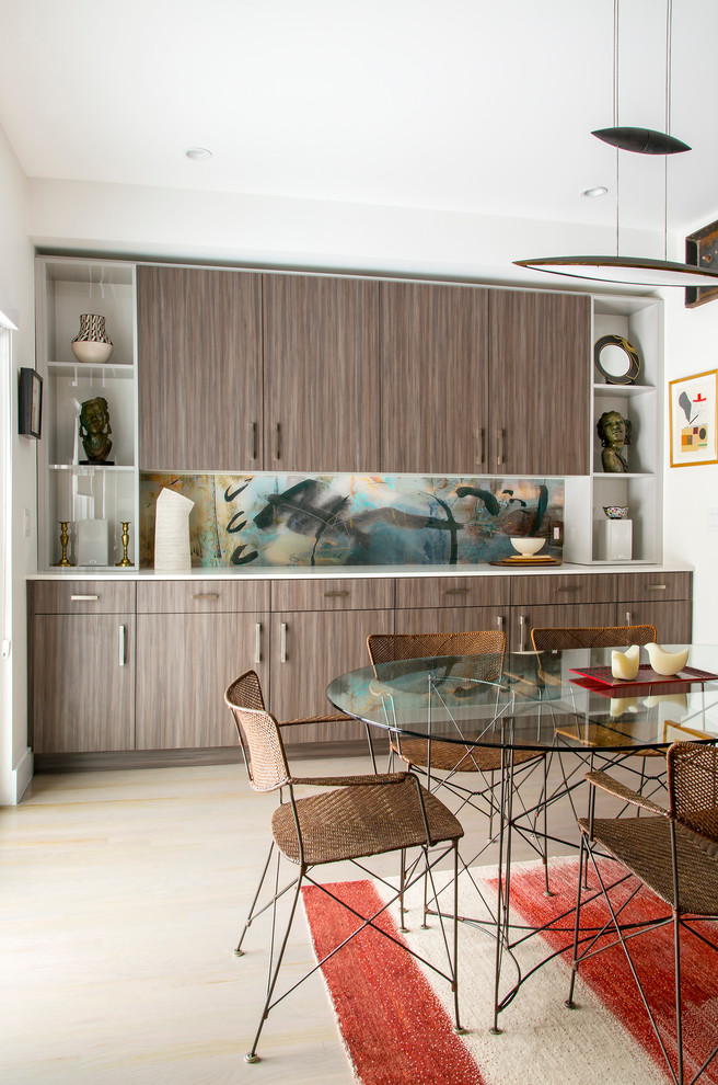 Kitchen/dining room combo - transitional light wood floor kitchen/dining room combo idea in Denver with white walls